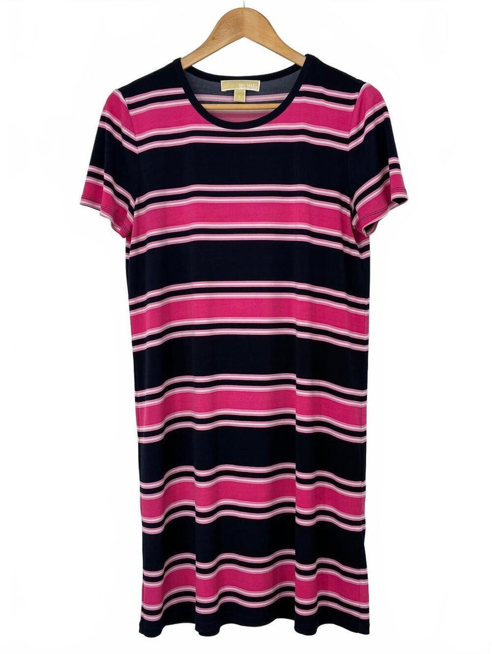 Michael Kors Women's Pink Navy White Striped Knit Dress Size L
